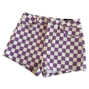 Fashion Nova Pit Stop Purple and White Checked High Rise Denim Shorts Size 9